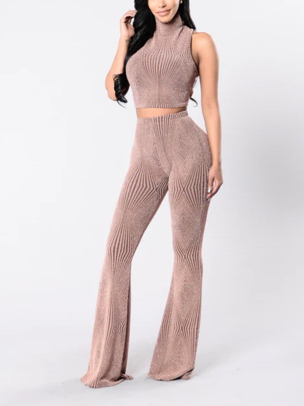 Ribbed Mock-Neck Crop Top & Flare Pants Set - Mauve Shimmer